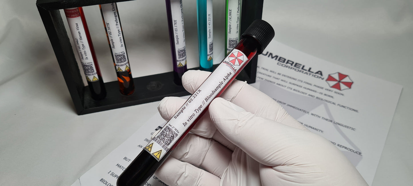 Resident Evil Umbrella Corp Reagenzgläser T-Virus | Anti-Virus | G-Virus | Uroboros | Alpha Blutprobe | Cosplay