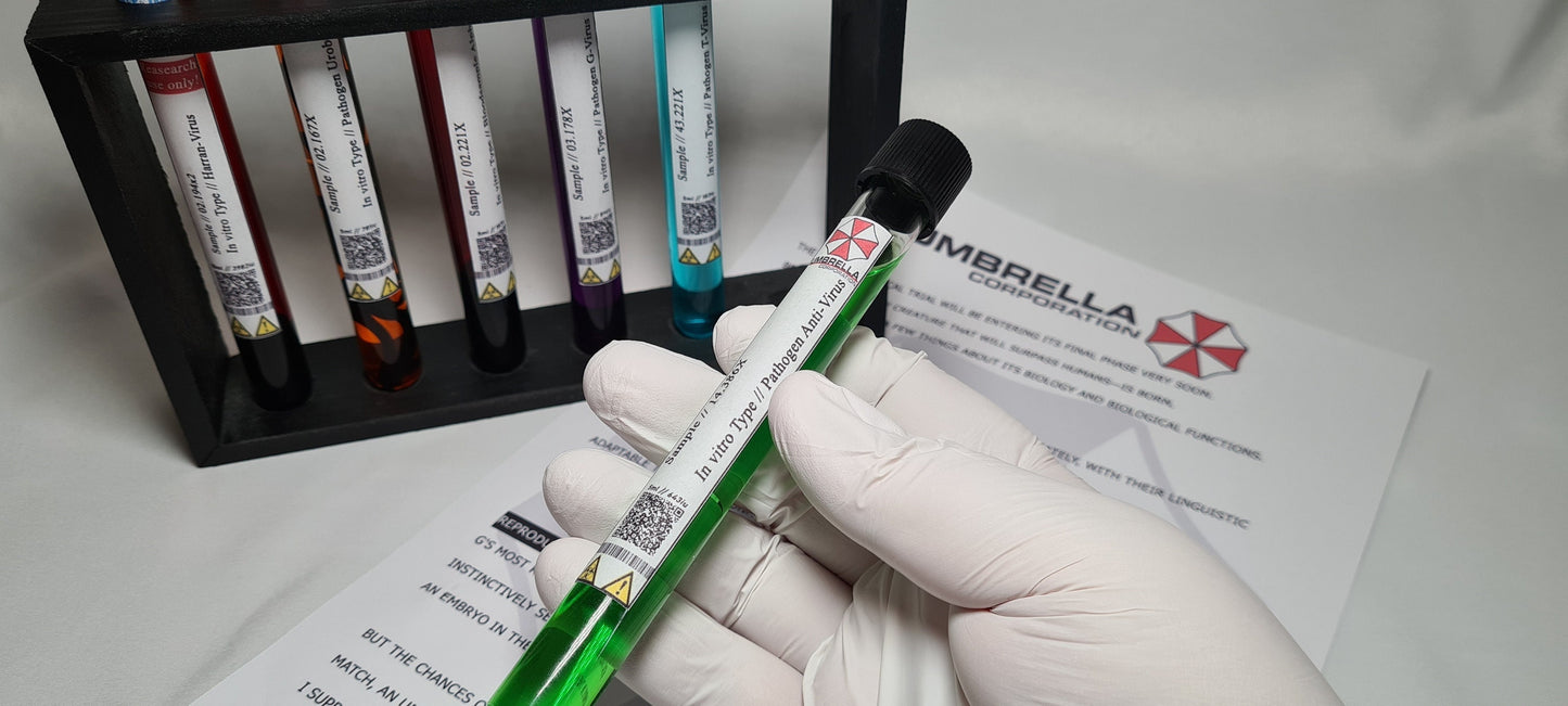 Resident Evil Umbrella Corp Reagenzgläser T-Virus | Anti-Virus | G-Virus | Uroboros | Alpha Blutprobe | Cosplay