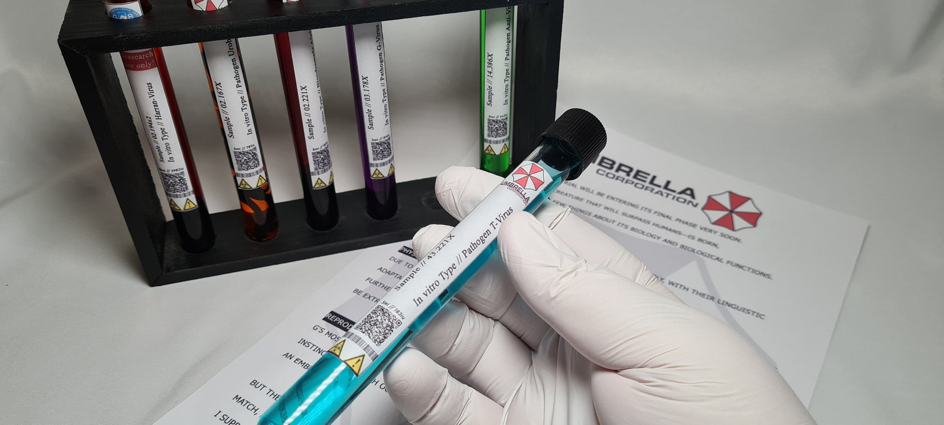 Resident Evil Umbrella Corp Reagenzgläser T-Virus | Anti-Virus | G-Virus | Uroboros | Alpha Blutprobe | Cosplay
